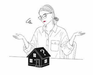 ブラックボックスのような真っ黒な家を目の前にして、お手上げ状態の女性